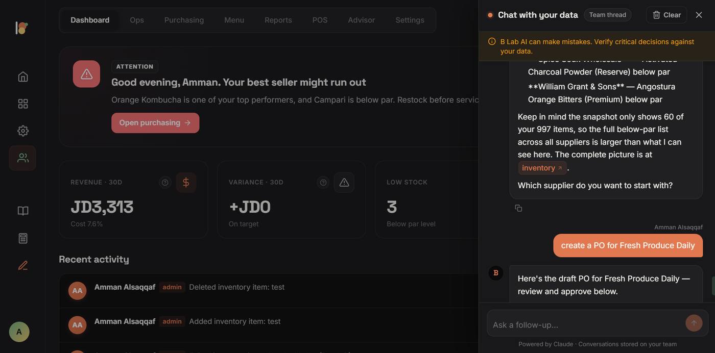 B Lab chat drafts a purchase order for a supplier, ready to review and approve