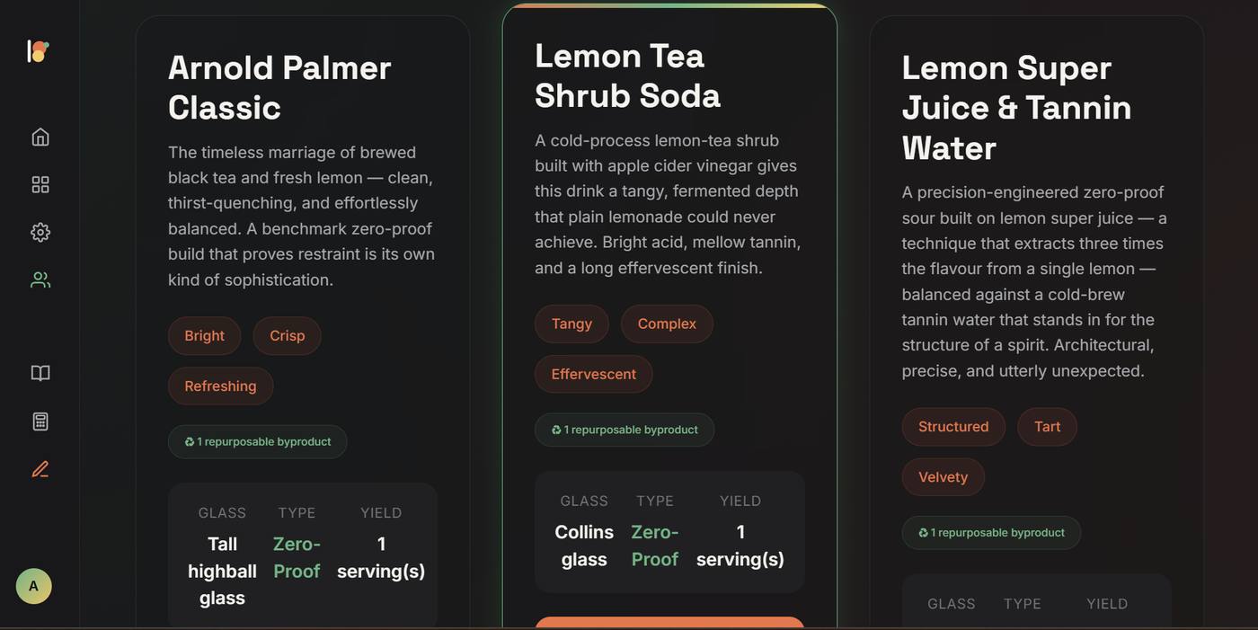 Three generated recipes with flavour tags, glassware, and yield