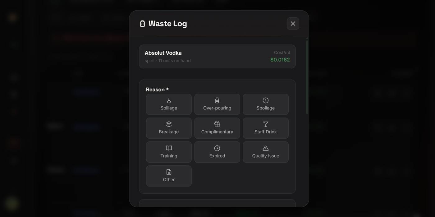 Waste log with reason codes