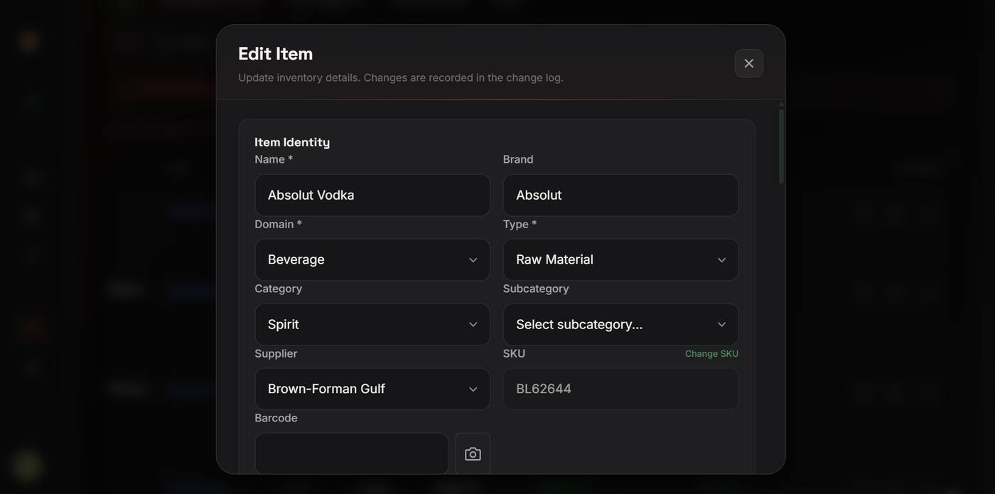 Item identity, supplier and SKU