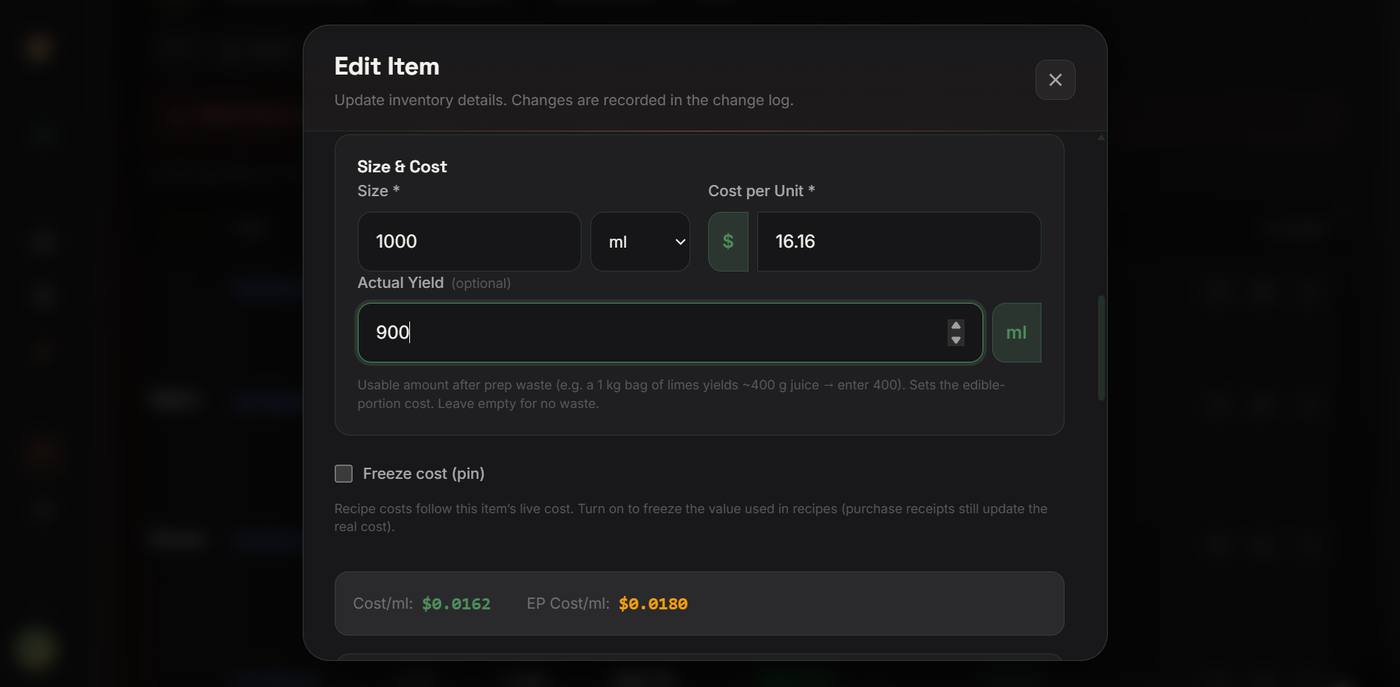 Size, cost per unit, yield, and cost pin