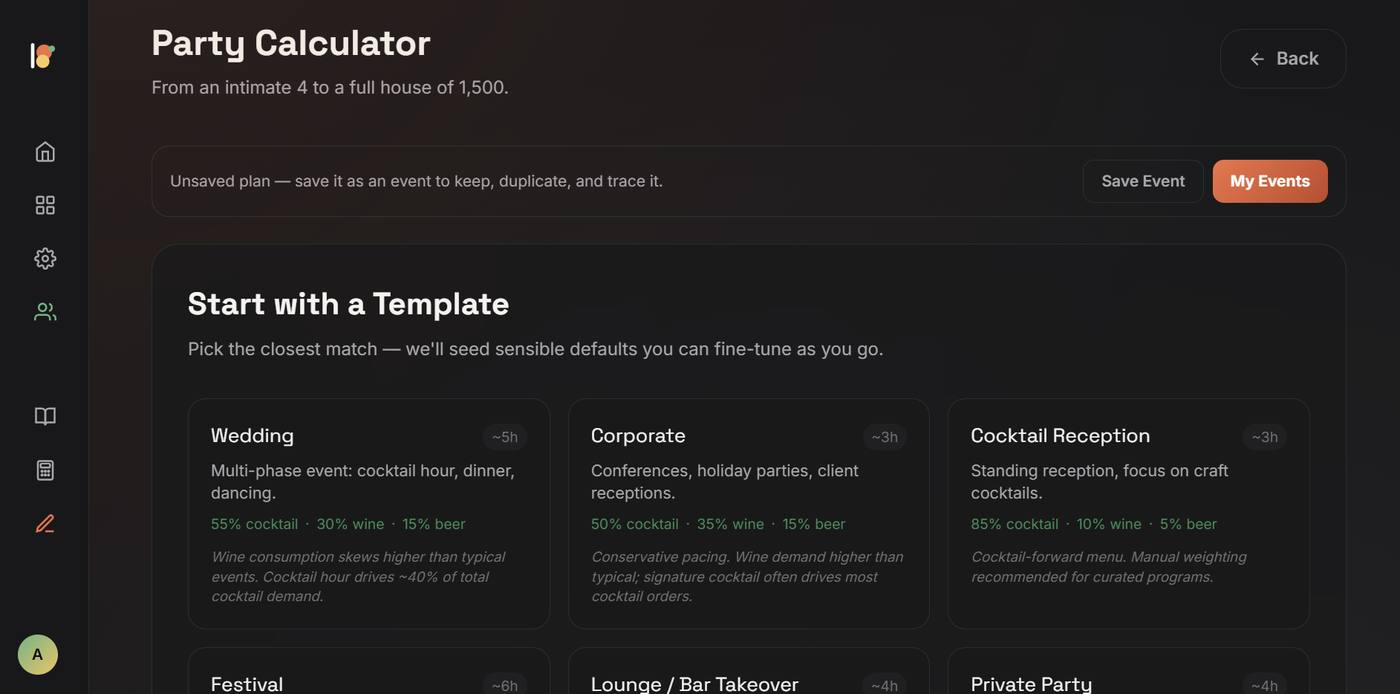 Party calculator event templates