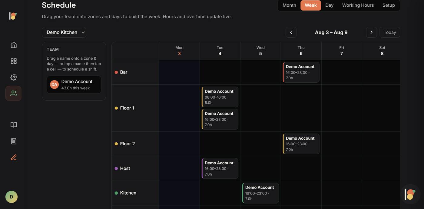 Drag and drop weekly schedule with live hours and overtime