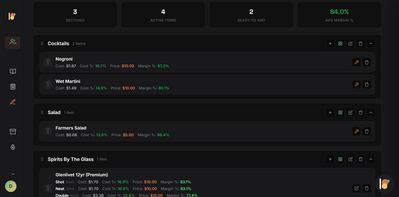 Menu sections with live cost and margin