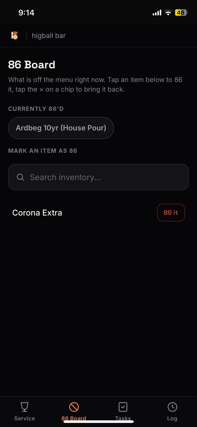86 Board showing what is currently off the menu and inventory search to 86 an item