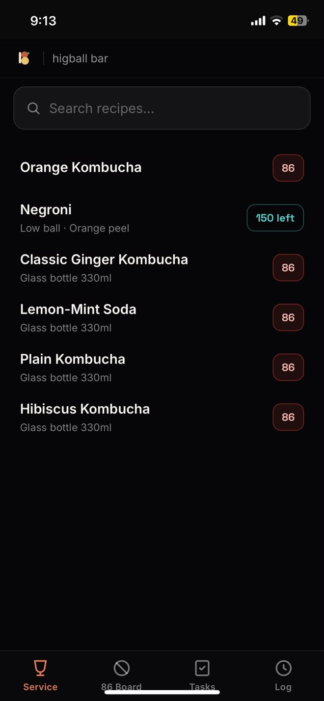 B Lab Shifts service tab, searchable menu with live stock and 86 badges