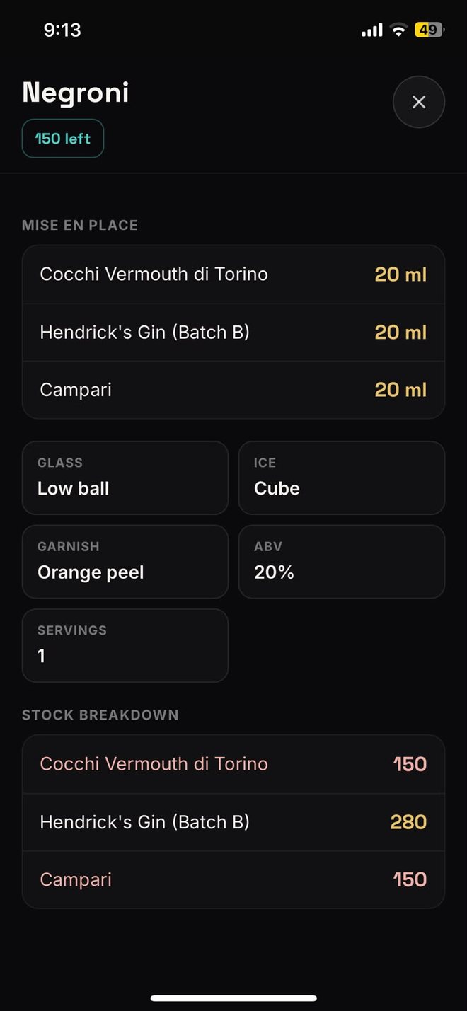 Full drink spec with mise en place quantities, glass, ice, garnish, ABV, and stock breakdown