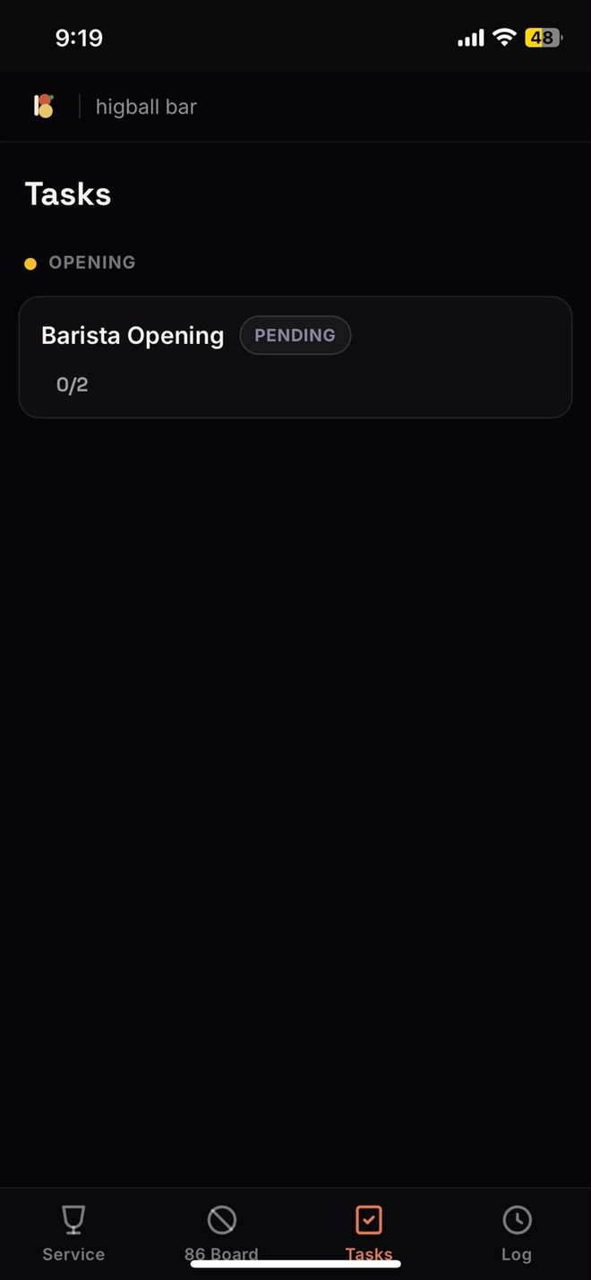 Tasks tab with the opening checklist and its completion count